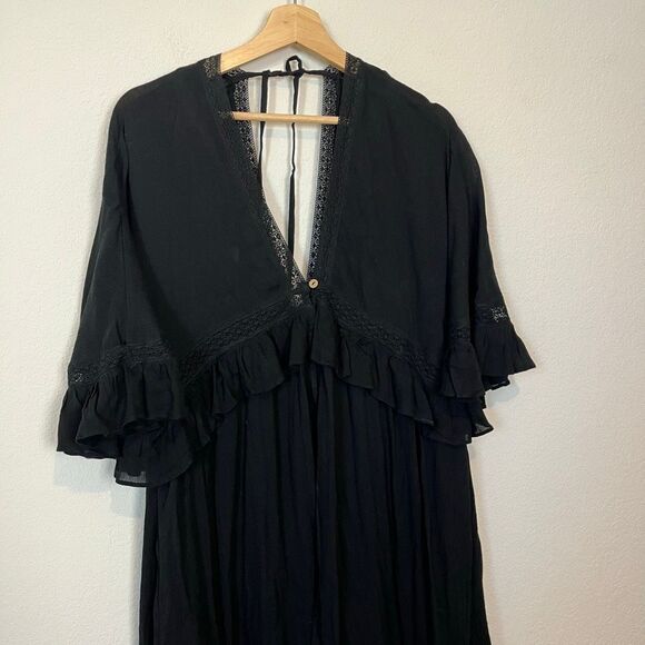 Free People Black Button Down Ruffled Eyelet Lace Maxi Dress Women's Size XS - Picture 3 of 5